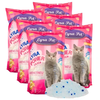 Lyra Power Silica Silikat Katzenstreu 30 l Sechs Tüten Lyra Pet Power Silica Katzenstreu in rosa Verpackung, mit einer grauen Katze auf der Vorderseite und einem Haufen blauer Kristalle davor.