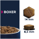 Hundefutter in einem blauen Napf mit zwei Kibble-Größen: 14 mm und 8,5 mm, mit der Aufschrift "BOXER" in fettem Text.