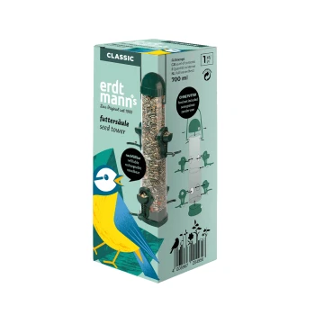 Erdtmanns Classic Saatenturm Vogelfutterspender, 700 ml, nachfüllbar, mit Sonnenblumenkernen, Verpackung mit Vogelillustration und Anleitung.