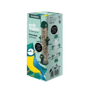 Erdtmanns Classic Saatenturm Vogelfutterspender, 700 ml, nachfüllbar, mit Sonnenblumenkernen, Verpackung mit Vogelillustration und Anleitung.