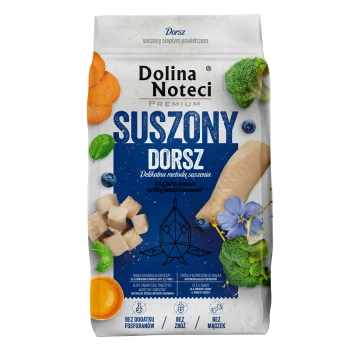 Premium dorsz 9 kg Opakowanie karmy dla zwierząt Dolina Noteci Premium z suszonym dorszem, marchewką, borówkami i brokułami. Podkreśla 'Delikatna metoda suszenia.'