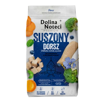 Opakowanie karmy dla zwierząt Dolina Noteci Premium z suszonym dorszem, marchewką, borówkami i brokułami. Podkreśla 'Delikatna metoda suszenia.'