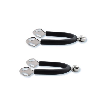 Schwarze Gummi- und Edelstahl-Sporen mit einer Glocke, entworfen für den Reitsport, auf einem weißen Hintergrund präsentiert.