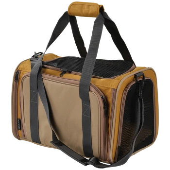 Sac de transport pour animaux souple couleur fauve et moutarde avec fenêtres en mesh noir, bretelles grises, poches zippées et petite étiquette de marque noire.