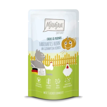 Mjamjam Tierfutterverpackung zeigt einen Cartoonhund und Hühner, mit "Fabelhaftes Huhn an gedämpftem Kürbis" und Qualitätsicons.