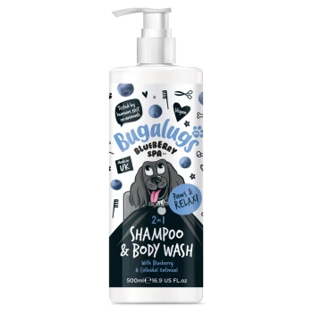 Weiße Pumpflasche Bugalugs Blueberry Spa 2in1 Shampoo & Body Wash für Hunde, 500 ml, mit 'Paws & RELAX!'-Aufdruck
