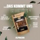 Verpackung für Haustierleckerlis von Alphazoo mit "Leckerli" mit 96% Fleisch, getreidefrei, zuckerfrei, umweltfreundlich, geeignet für alle Rassen und Altersgruppen.
