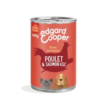 Nourriture en conserve pour chiens Edgard Cooper 400g, "Poulet & Saumon ASC," pour chiens seniors, avec un fond rouge et des illustrations de poulet, de chien et de chat.
