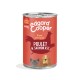 Nourriture en conserve pour chiens Edgard Cooper 400g, "Poulet & Saumon ASC," pour chiens seniors, avec un fond rouge et des illustrations de poulet, de chien et de chat.