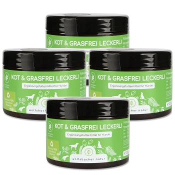 Vier Gläser mit 'Kot & Grasfrei Leckerli' Hundesnacks, gekennzeichnet als Ergänzungsfutter für Hunde, von Wolfsbacher Natur.