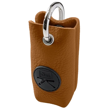 Brauner, strukturiert geprägter Leder-Beutelspender für Hundekot mit silbernem Karabiner und schwarzem 'HUNTER'-Logo-Patch