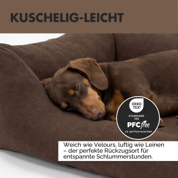Braunes Haustierbett mit abnehmbarem, waschbarem Bezug und deutschem Text, der einfache Pflege- und Hygienefunktionen hervorhebt.