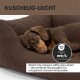Braunes Haustierbett mit abnehmbarem, waschbarem Bezug und deutschem Text, der einfache Pflege- und Hygienefunktionen hervorhebt.