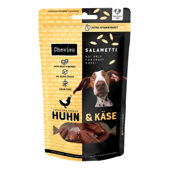 "Salametti Chewies" Hundeleckerli-Verpackung mit Huhn & Käse, hohem Fleischanteil, getreidefrei, ohne Zucker und mit zugesetzten Vitaminen, mit einem glücklichen Hundebild.
