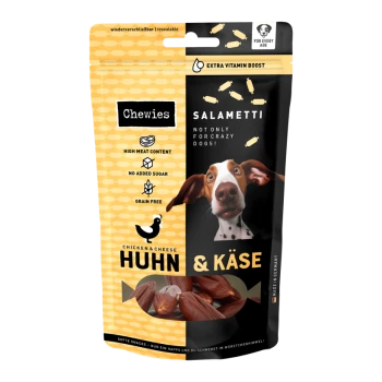 "Salametti Chewies" Hundeleckerli-Verpackung mit Huhn & Käse, hohem Fleischanteil, getreidefrei, ohne Zucker und mit zugesetzten Vitaminen, mit einem glücklichen Hundebild.