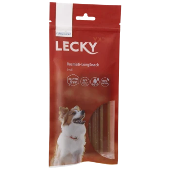 Rote Verpackung von Lecky Basmati-LongSnack für kleine Hunde, mit einem glücklichen Hund und Etiketten für "Glutenfrei", "Fettarm" und "100% natürlich."