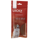 Emballage rouge de Lecky Basmati-LongSnack pour petits chiens, avec un chien heureux et des étiquettes pour 'Sans gluten,' 'Faible en gras,' et '100% naturel.'