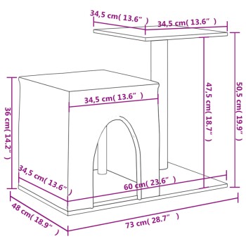 Illustration der Abmessungen eines Katzenbaums mit beschrifteten Maßen: Höhe 50,5 cm, Breite 73 cm, Tiefe 48 cm, mit einem würfelförmigen Sockel und einer oberen Plattform.