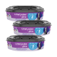 Trois conteneurs de recharge LitterLocker empilés par Litter Genie, avec une étiquette violette indiquant "Dure jusqu'à 3 mois" et des images d'un chat.