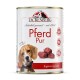 Dose Tackenberg Pferd Pur Hundefutter mit Hundebild und rohen Fleischstücken, gekennzeichnet mit 99 % Fleischanteil und Ergänzungsfutter.