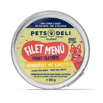Runde Dose PETS DELI Classic Filet Menü Katzenfutter mit einer verspielten Katzenillustration, beschriftet "Hühnerfilet mit Karotte" für erwachsene Katzen.