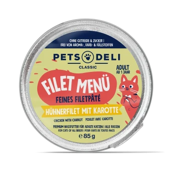 Runde Dose PETS DELI Classic Filet Menü Katzenfutter mit einer verspielten Katzenillustration, beschriftet "Hühnerfilet mit Karotte" für erwachsene Katzen.