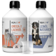 Zwei 500 ml Flaschen für Haustierölzusätze: "REAVET+ OMEGA-3 LACHSÖL" mit einem Wolf und "REAVET+ LEINÖL NATURREIN" mit einem Hund, plus einem Messbecher.