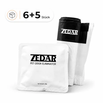 ZEDAR Haustier-Geruchsentferner-Beutel mit zwei Nachfüllbeuteln, beschriftet 'ZEDAR PET ODOR ELIMINATOR', Nettofüllmenge 28 g, 6+5 Stück