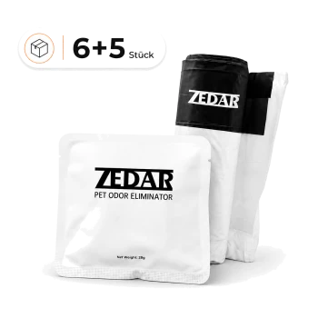 ZEDAR Haustier-Geruchsentferner-Beutel mit zwei Nachfüllbeuteln, beschriftet 'ZEDAR PET ODOR ELIMINATOR', Nettofüllmenge 28 g, 6+5 Stück