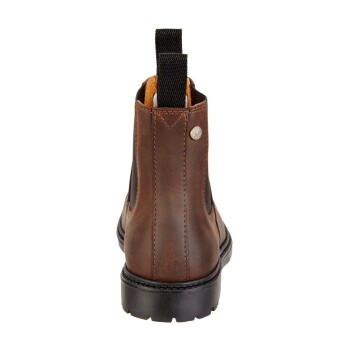 Braune Leder-Ankle-Boots mit elastischen Seitenpaneelen und Zuglaschen, mit einem runden Logo auf der Rückseite.