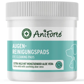 Behälter mit AniForte Augenreinigungspads, beschriftet in Deutsch und Englisch, mit beruhigendem Aloe Vera für Haustiere.
