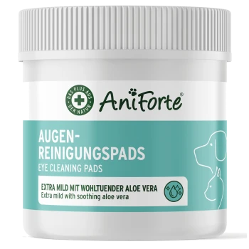 Behälter mit AniForte Augenreinigungspads, beschriftet in Deutsch und Englisch, mit beruhigendem Aloe Vera für Haustiere.