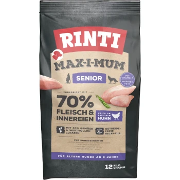 MAX-I-MUM Senior Huhn 12 kg Rinti Maxi-Mum Senior-Hundefutterbeutel, 12 kg, mit 70% Fleisch und Innereien, frischem Huhn, 30% Gemüse und getreidefreier Rezeptur.