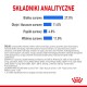 Analiza składników karmy dla zwierząt, zawierająca białko 27,0%, tłuszcze 11,0%, popiół 4,8% i błonnik 11,8%, z szczegółowym składem.