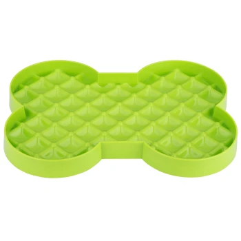 Grüne, knochenförmige Slow-Feeder-Hundenapf mit erhöhten Rillen zum Verlangsamen des Fressens, Markenname "slodog" an der Seite sichtbar.