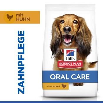 Hill's Science Plan Oral Care Hundefutter mit Huhn, mit Hundeabbildung und Text „Zahnpflege“ und „mit Huhn“.