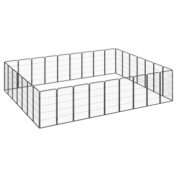 Ein schwarzes Metall-Haustier-Spielgehege mit mehreren Paneelen, die in rechteckiger Form angeordnet sind, ideal zur sicheren Unterbringung von Haustieren.