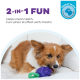 Ein Hund kaut auf einem lila 2-in-1-Spielzeug mit einem grünen Seil, begleitet von dem Text: 'Hilft, die Zähne zu reinigen. Macht Spaß, wenn es mit Leckereien gefüllt ist!'