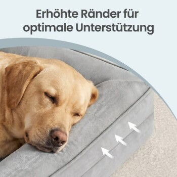 Graues Hundebett mit erhöhten Rändern und Pfeilen; teilweise sichtbarer Golden Retriever; Text 'Erhöhte Ränder für optimale Unterstützung'.