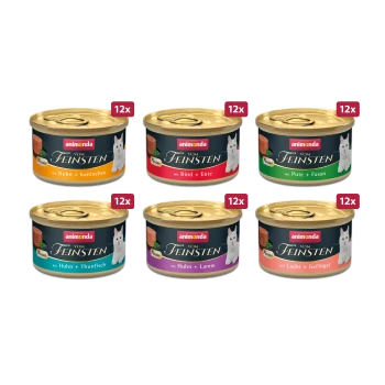 Zes blikken Animonda kattenvoer in verschillende smaken: Kip & Konijn, Rundvlees & Eend, Kalkoen & Fazant, Kip & Tonijn, Kip & Lam, Zalm & Pluimvee.