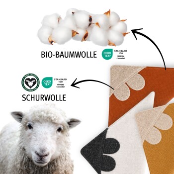 Baumwollkapseln und ein Schaf, die auf gewellte Ecken einer Haustierdecke zeigen; Text ‚BIO‑BAUMWOLLE‘, ‚SCHURWOLLE‘ und OEKO‑TEX‑Logos