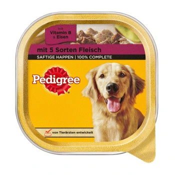 Verpackung von Pedigree Hundefutter mit gelbem Hintergrund, mit der Aufschrift "mit 5 Sorten Fleisch" und "100% COMPLETE" mit Nährwertangaben.