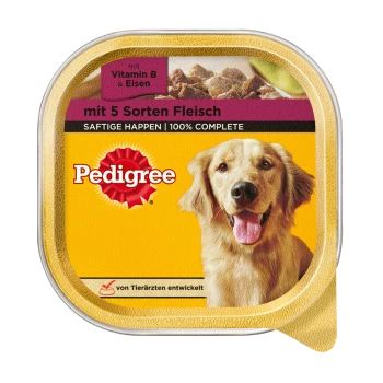 Verpackung von Pedigree Hundefutter mit gelbem Hintergrund, mit der Aufschrift "mit 5 Sorten Fleisch" und "100% COMPLETE" mit Nährwertangaben.