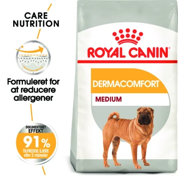 Royal Canin Dermacomfort Medium Hundefutterbeutel mit einer Shar Pei-Illustration, die die Reduzierung von Allergenen und 91% Zufriedenheit der Besitzer bewirbt.