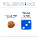 PELLETGRÖSSE-Überschrift; linkes rundes Pellet beschriftet '4 x 7,5 mm'; rechter blauer Würfel beschriftet 'Würfel 16 mm'