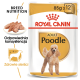 Opakowanie karmy dla psów Royal Canin Adult Poodle, z wizerunkiem pudla, tekstem '85g x 12' oraz informacjami o odżywianiu rasowym i zdrowiu sierści.
