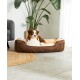 Ein brauner und cremefarbener Australian Shepherd-Hund, der in einem plüschigen Haustierbett entspannt, umgeben von Zimmerpflanzen und einem grauen Sofa.