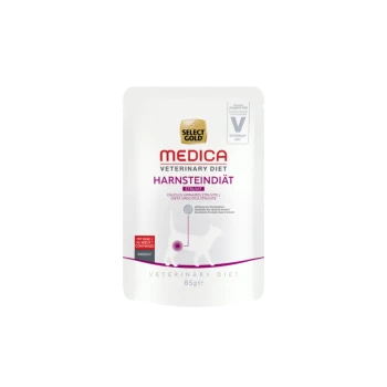 Select Gold Medica Veterinary Diet Struvit Katzenfutterbeutel, 85g, mit einer weißen Katzensilhouette und Text auf Deutsch über die Harnwegdiät.