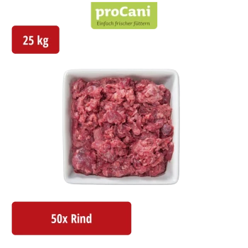 Verpacktes rohes Rindfleisch für Hunde, gekennzeichnet mit "proCani by nature", mit einer malerischen Hintergrund und dem Text "Rindfleisch pur - Pure Beef."