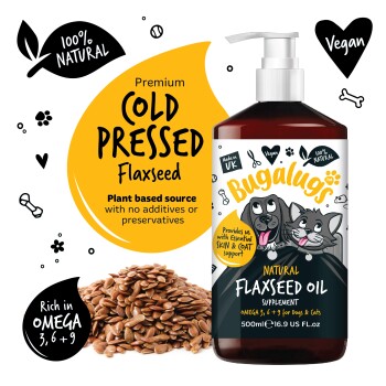 Flasche Bugalugs natürliches Leinöl-Ergänzungsmittel für Hunde und Katzen, kaltgepresst, vegan, 100 % natürlich, reich an Omega 3, 6 und 9.